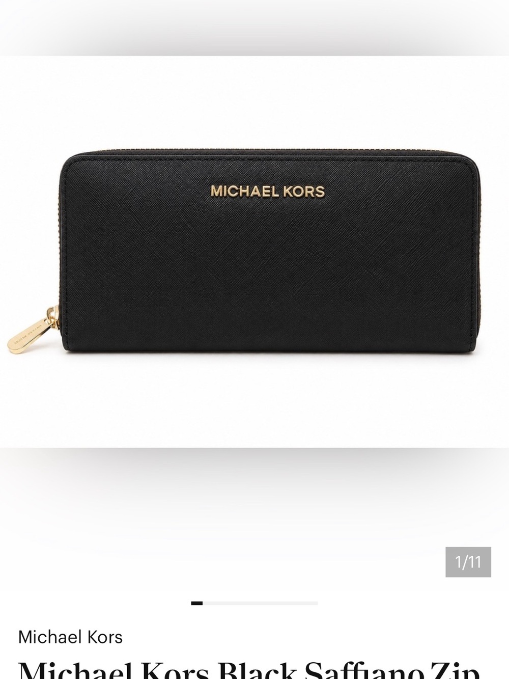 Michael Kors Black Zip-Around Saffiano Wallet with Gold Logo